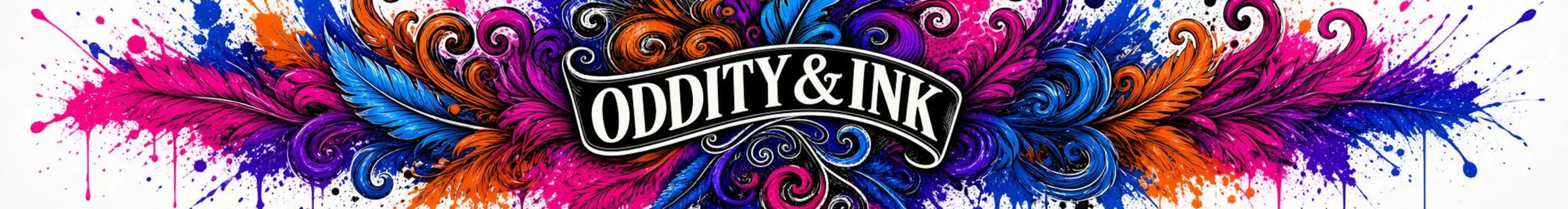 Oddity & Ink banner: the shop name on a black ribbon surrounded by splashes of pink, blue, purple and orange ink and feathers